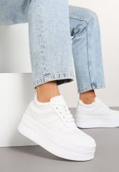 Białe Sneakersy Vices na Platformie z Tłoczonym Napisem ze Sznurowaniem Eanneth. Białe obuwie sportowe damskie Renee, bez wzorów, trekkingowe. Za 99.99 zł.