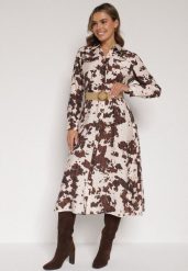 Brązowa Koszulowa Sukienka z Wiskozą w Krowie Łaty z Paskiem Domumbria. Brązowe sukienki damskie Born2be, na lato, l, bez wzorów, z wiskozy, bez kołnierzyka, bez ramiączek, midi, dopasowane. Za 129.99 zł.