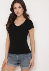 Czarny T-shirt z Wiskozą z Prążkowanej Dzianiny Ralendria. Czarne bluzki damskie Born2be, s, z aplikacjami, z dzianiny, klasyczne, bez kołnierzyka. Za 29.99 zł.