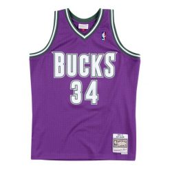 Koszulka NBA Milwaukee Bucks Ray Allen. Fioletowe koszulki sportowe męskie Mitchell & Ness, bez wzorów, bez kołnierzyka, bez ramiączek, do koszykówki. Za 513.50 zł.
