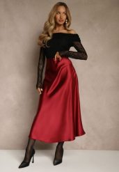 Bordowa Satynowa Midi Spódnica Rozkloszowana z Gumką w Pasie i Suwakiem Leose. Czerwone spódnice damskie Renee, l, bez wzorów, z satyny, midi, rozkloszowane. Za 109.99 zł.