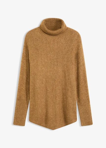 Sweter oversize. Brązowe swetry damskie bonprix, bez wzorów, z asymetrycznym kołnierzem, bez ramiączek, bez kaptura. Za 127.99 zł.
