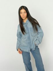 MOS MOSH Dżinsowa bluzka - Emm Flower Shirt Kobiety Bawełna niebieski, XS. Niebieskie bluzki damskie Mos Mosh, xs, bez wzorów, z bawełny, bez kołnierzyka, bez ramiączek. Za 649.95 zł.