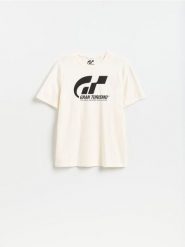 T-shirt Gran Turismo - biały. Białe t-shirty męskie Reserved, l, bez wzorów, z bawełny, bez kołnierzyka. Za 69.99 zł.