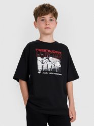 4F T-shirt oversize z nadrukiem dziecięcy - czarny 146/152 (10-12 lat). Czarne t-shirty i topy dla dziewczynek 4f, bez wzorów, z bawełny, bez ramiączek. Za 49.99 zł.