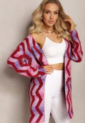 Jasnofioletowy Luźny Kardigan Niezapinany w Geometryczny Print Sheshy. Fioletowe kardigany damskie Renee, bez wzorów, z dzianiny, eleganckie, bez kołnierzyka, bez ramiączek, bez kaptura. Za 119.99 zł.