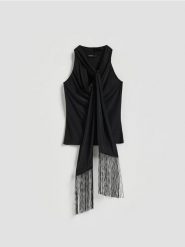 Bluzka z szalem - czarny. Czarne bluzki damskie Reserved, l, bez wzorów, z tkaniny, bez kołnierzyka, bez ramiączek. Za 79.99 zł.