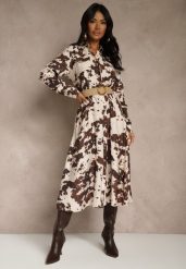 Brązowa Sukienka z Wiskozą o Koszulowym Kroju z Paskiem w Krowie Łaty Carlitia. Brązowe sukienki damskie Renee, na spotkanie biznesowe, na lato, l, bez wzorów, z wiskozy, bez kołnierzyka, bez ramiączek, midi, koszulowe. Za 139.99 zł.