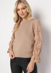 Beżowy Sweter z Ażurowym Rękawem Ozdobionym Haftem Obylike. Brązowe swetry damskie Born2be, w ażurowe wzory, bez kołnierzyka, bez ramiączek, długie, bez kaptura. Za 84.99 zł.