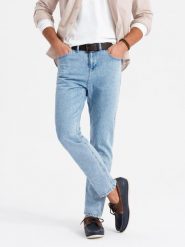 Marmurkowe męskie spodnie jeansowe CARROT FIT – jasnoniebieskie V1 OM-PADP-0225 - XXL. Niebieskie spodnie materiałowe męskie Ombre Clothing, l, bez wzorów, z bawełny, klasyczne. Za 125.99 zł.