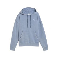 Damska bluza z kapturem Essentials Elevated o luźnym kroju z efektem sprania. Niebieskie bluzy sportowe damskie Puma, bez wzorów, z kapturem, do biegania. Za 265.91 zł.