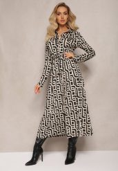 Beżowo-Czarna Koszulowa Sukienka Maxi w Geometryczny Print Gelismi. Brązowe sukienki damskie Renee, m, bez wzorów, z materiału, bez kołnierzyka, bez ramiączek, maxi, koszulowe. Za 159.99 zł.