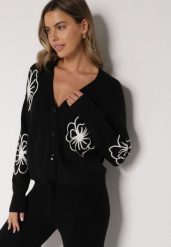 Czarny Kardigan na Guziki w Haftowane Kwiaty Tustara. Czarne kardigany damskie Born2be, l, bez wzorów, z jeansu. Za 89.99 zł.