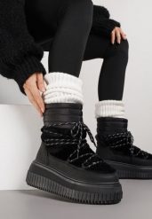 Czarne Śniegowce na Platformie z Tłoczeniem Ozdobione Futerkiem i Pikowaniem Adallie. Czarne śniegowce i trapery damskie Renee, z dzianiny. Za 169.99 zł.