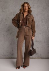 Brązowe Szerokie Jeansy High Waist z Bawełny Berinnessa. Brązowe jeansy damskie Renee, z podwyższonym stanem. Za 129.99 zł.