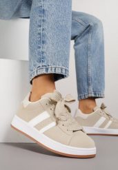 Beżowo-Białe Sneakersy na Niskiej Platformie z Naszywkami Flordexia. Brązowe obuwie sportowe damskie Renee, z aplikacjami, z jeansu. Za 79.99 zł.