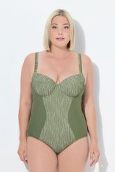 Damski Strój kąpielowy fiszbiny miękkie miseczki regulowane ramiączka. Zielone kostiumy jednoczęściowe damskie Ulla Popken, plus size, bez wzorów, z elastanu, plus size, do pływania. Za 233.99 zł.