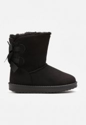 Czarne Wsuwane Śniegowce z Imitacji Zamszu Zdobione Kokardkami z Tyłu Selilda. Czarne buty zimowe dziewczęce Renee, z aplikacjami, bez zapięcia. Za 59.99 zł.