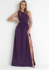 Ciemnofioletowa Sukienka Maxi Na Jedno Ramię z Rozcięciem na Dole Jasminta. Fioletowe sukienki damskie Born2be, na imprezę, l, bez wzorów, eleganckie, z asymetrycznym kołnierzem, bez ramiączek, maxi, asymetryczne. Za 169.99 zł.