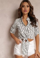 Biała Koszula Wzorzysta z Wiązaniem Kristell. Białe bluzki damskie Renee, l, bez wzorów, z jeansu, eleganckie, bez kołnierzyka, bez ramiączek. Za 49.99 zł.