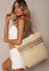 Beżowa Jednokomorowa Torebka Shopperka w Stylu Boho Wykończona Frędzlami Rivelae. Brązowe torebki do ręki damskie Renee, bez wzorów, z materiału, boho, bez dodatków. Za 49.99 zł.