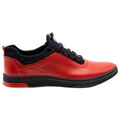 Polbut Buty męskie skórzane casual K24 czerwone z czarnym spodem. Czerwone półbuty na co dzień męskie ze skóry, casualowe, bez zapięcia. Za 319.69 zł.