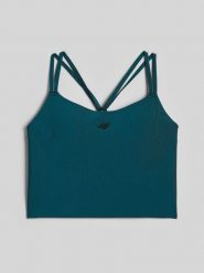 4F Crop top do jogi szybkoschnący damski - turkusowy L. Niebieskie koszulki sportowe damskie 4f, l, bez wzorów, z materiału, bez kołnierzyka, bez ramiączek, na fitness i siłownię. Za 149.99 zł.