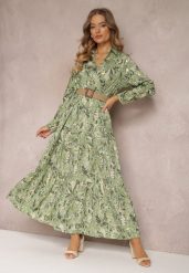 Jasnozielona Sukienka Maxi z Kołnierzykiem i Plecionym Paskiem Pertitus. Zielone sukienki damskie Renee, l, z aplikacjami, eleganckie, bez kołnierzyka, bez ramiączek, maxi, kopertowe. Za 129.99 zł.