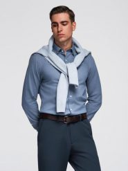 Koszula męska SLIM FIT z ozdobnej tkaniny – niebieska V1 - Rozmiar: XL. Niebieskie koszule męskie Ombre Clothing, m, z aplikacjami, z bawełny, biznesowe, bez kołnierzyka, bez ramiączek. W wyprzedaży za 119.99 zł.