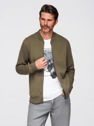 Bawełniana rozpinana bluza męska dresowa bomberka – khaki V1 - Rozmiar: S. Brązowe bluzy męskie Ombre Clothing, m, z aplikacjami, z bawełny, bez kaptura. Za 199.99 zł.