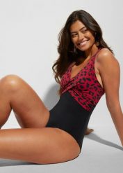 Kostium kąpielowy z dekoltem kopertowym. Brązowe kostiumy jednoczęściowe damskie bonprix, bez wzorów. Za 122.99 zł.