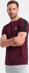 Ombre T-shirt męski bawełniany z kontrastującymi wstawkami - bordowy V2 S1632 M. Czerwone t-shirty męskie Ombre, m, bez wzorów, z bawełny, bez kołnierzyka. Za 29.99 zł.