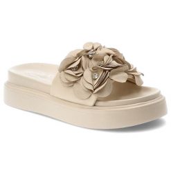 Klapki damskie S.Barski, cholewka ze skóry ekologicznej wsuwane z przodu ozdobne kwiaty, beżowe, MR61-9015. Brązowe sandały damskie S.BARSKI, bez wzorów, ze skóry ekologicznej, bez obcasa, bez zapięcia. Za 169.00 zł.