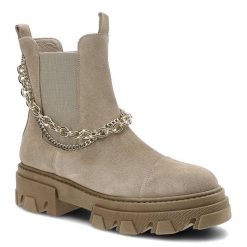 Botki damskie Karino, naturalna skóra zamszowa z elastyczną cholewką ozdobnym metalowym łańcuchem oraz masywną podeszwą, beżowe, 3952-001-P. Brązowe kozaki damskie Karino, ze skóry, bez obcasa. Za 339.00 zł.