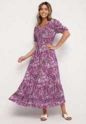 Ciemnoróżowa Bawełniana Sukienka o Rozkloszowanym Kroju we Wzór Paisley Folurelle. Fioletowe sukienki damskie Born2be, na spotkanie biznesowe, l, bez wzorów, z bawełny, eleganckie, bez kołnierzyka, bez ramiączek, maxi, rozkloszowane. Za 49.99 zł.