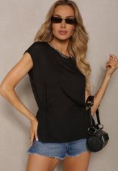 Czarny Top z Regulacją w Talii i Wiązaniem na Dole z Rozcięciem na Plecach Tiimaelin. Czarne bluzki damskie Renee, m, bez wzorów, z jeansu, eleganckie, bez kołnierzyka, bez ramiączek. Za 49.99 zł.