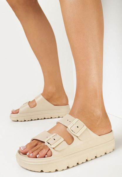 Beżowe Klapki z Paskami ze Sprzączkami na Platformie Avalona. Brązowe klapki damskie Born2be, bez wzorów, eleganckie, bez obcasa, na platformie. Za 19.99 zł.