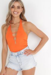 Pomarańczowy Top na Szyję z Odkrytymi Plecami Obemone. Brązowe bluzki damskie Born2be, na lato, l, bez wzorów, bez kołnierzyka, bez ramiączek. Za 74.99 zł.