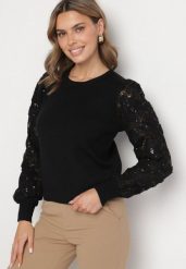 Czarny Sweter z Wiskozą z Ozdobnymi Koronkowymi Rękawami z Cekinami Tiliala. Czarne swetry damskie Born2be, bez wzorów, z jeansu, eleganckie, bez kołnierzyka, bez ramiączek, bez kaptura. Za 64.99 zł.