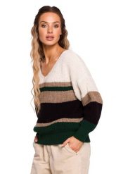 Sweter w Paski z Dekoltem V - Model 1. Swetry damskie MOE, l, bez wzorów, z materiału, bez kołnierzyka, bez ramiączek, bez kaptura. Za 218.90 zł.