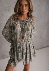 Ciemnobeżowy Kombinezon Casual w Kwiaty w Eterycznym Stylu z Falbankami Antedeia. Brązowe sukienki dla dziewczynek Renee, bez wzorów, boho, bez ramiączek. Za 179.99 zł.