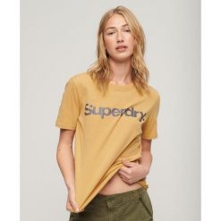 Koszulka z metalicznym logo. Żółte koszulki sportowe damskie Superdry., bez wzorów, z bawełny, bez kołnierzyka, bez ramiączek. W wyprzedaży za 142.55 zł.