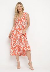 Pomarańczowa Rozkloszowana Sukienka z Wiskozy w Kwiaty z Gumką w Talii Eranea. Brązowe sukienki damskie Born2be, m, bez wzorów, z jeansu, eleganckie, bez kołnierzyka, bez ramiączek, midi, rozkloszowane. Za 64.99 zł.