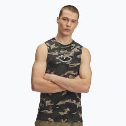 Koszulka Under Armour Project Rock Camo Tank. Zielone buty sportowe męskie Under Armour, bez wzorów, rockowe, bez kołnierzyka. Za 139.99 zł.