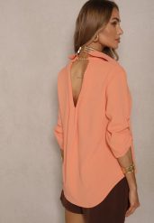 Pomarańczowa Koszula Ozdobiona Podwijanymi Rękawami Doviraella. Brązowe bluzki damskie Renee, l, bez wzorów, z jeansu, eleganckie, bez kołnierzyka, bez ramiączek. Za 59.99 zł.
