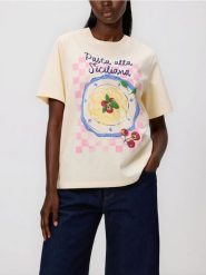 T-shirt z nadrukiem - kremowy. Białe t-shirty damskie Reserved, l, bez wzorów, z bawełny, bez kołnierzyka. Za 49.99 zł.