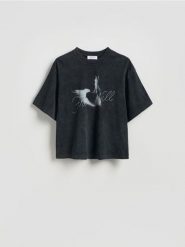 T-shirt boxy z efektem sprania - ciemnoszary. Szare t-shirty męskie Reserved, l, bez wzorów, z bawełny, bez kołnierzyka. Za 79.99 zł.