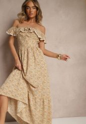 Żółta Sukienka z Ozdobnymi Falbankami Folanne. Żółte sukienki damskie Renee, na co dzień, na lato, l, bez wzorów, z jeansu, eleganckie, bez kołnierzyka, bez ramiączek, maxi, proste. Za 59.99 zł.