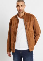 Kurtka ze sztucznej skóry w optyce welurowej. Brązowe kurtki męskie bonprix, m, bez wzorów, ze skóry, bez kaptura. Za 289.99 zł.