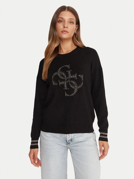 Guess Sweter W5BR42 Z26I2 Czarny Relaxed Fit. Czarne swetry damskie Guess, xl, z aplikacjami, z wiskozy, bez kołnierzyka, bez ramiączek, bez kaptura. Za 369.99 zł.